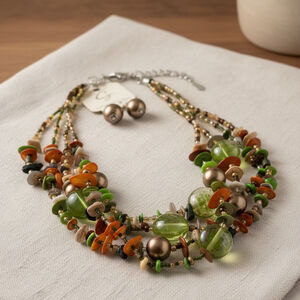 Boho Green Multi Strand Beaded Necklace & Earring Set Statement Jewelry New